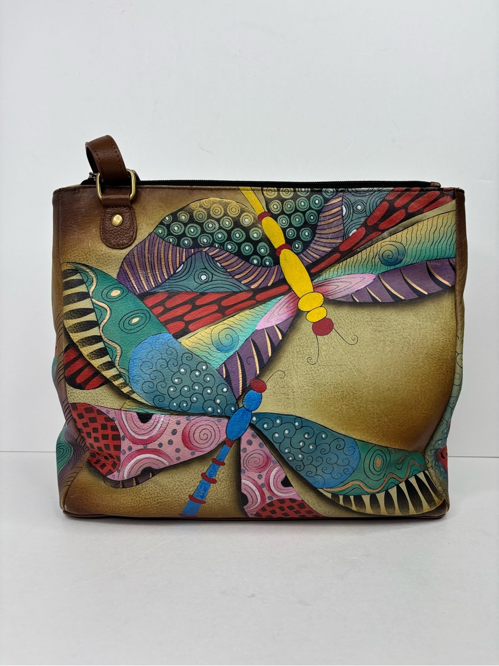 Anna Anuschka Painted Leather Dragonflies Colorful Artisan Shoulder Bag - Picture 12 of 13